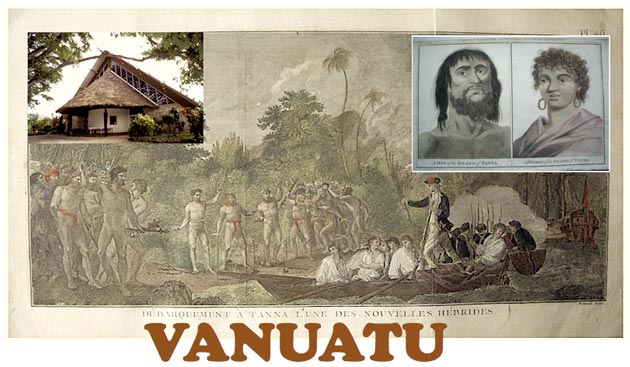 2e voyage de Cook, 1774, W. Hodges (dessin, portraits) et vue du Vanuatu Cultural Centre